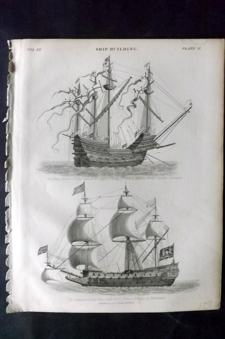 Encyclo. Brit 1850's Ship Print. Henri Grace & Sovereign of the Seas: Steel Engraving Published 1853-60 by A & C Black, Edinburgh & London for "Encyclopaedia Britannica" Eighth Edition. Paper Size: 10.5 x 8 inch (27 x 21cm) Good Condition