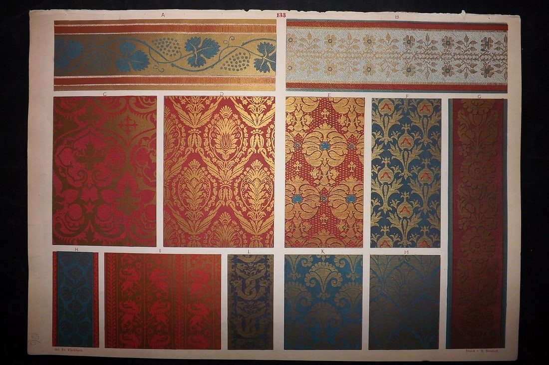 Fischbach, Frederick 1884 Folio Textile Print. German/Italian Fabrics, 13th-17th Cent 133: Folio Chromolithograph Published 1882-84, London for "Ornament of Textile Fabrics" by Frederick Fischbach. Scarce. Paper Size: 17 x 12 inch (43 x 30cm) Good Condition