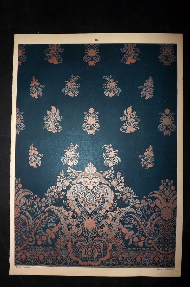 Fischbach, Frederick 1884 Folio Textile Print. Lyons silver worked Curtain material, 17th Cent. 132: Folio Chromolithograph Published 1882-84, London for "Ornament of Textile Fabrics" by Frederick Fischbach. Scarce. Paper Size: 17 x 12 inch (43 x 30cm) Good Condition