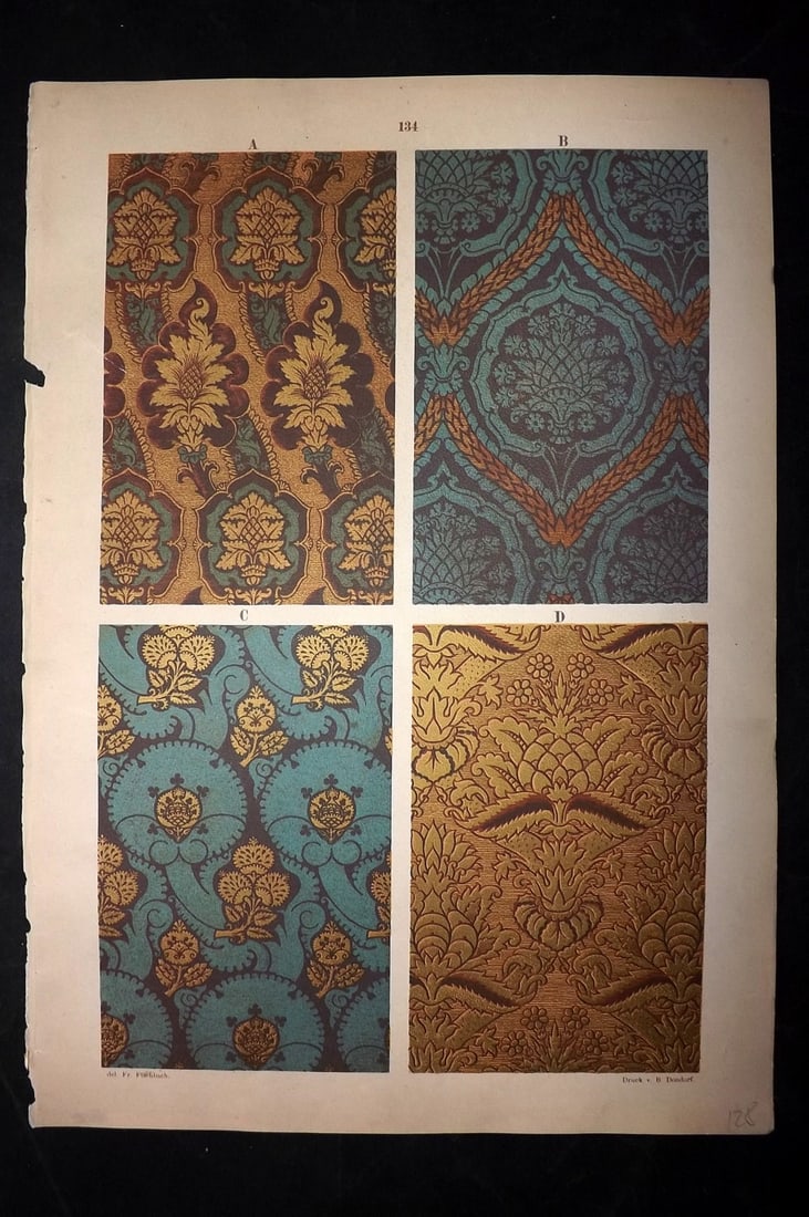 Fischbach, Frederick 1884 Folio Textile Print. North Italian Pomegranate Patterns 13th-16th Cent. (1 of 2)