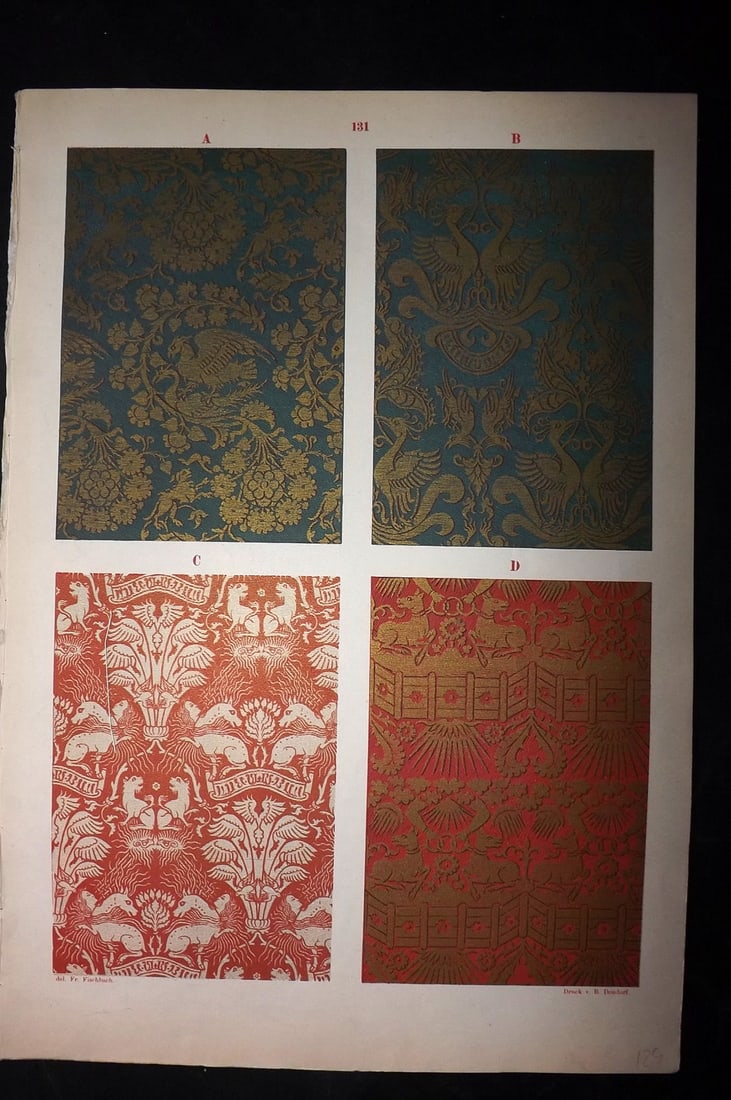 Fischbach, Frederick 1884 Folio Textile Print. Palermitan fabrics of the 13th Cent. 131: Folio Chromolithograph Published 1882-84, London for "Ornament of Textile Fabrics" by Frederick Fischbach. Scarce. Paper Size: 17 x 12 inch (43 x 30cm) Good Condition