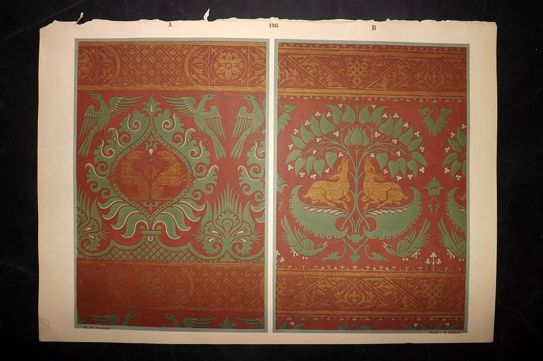 Fischbach, Frederick 1884 Folio Textile Print. Palermitan tissues of the 12th & 13th Cent. 136: Folio Chromolithograph Published 1882-84, London for "Ornament of Textile Fabrics" by Frederick Fischbach. Scarce. Paper Size: 17 x 12 inch (43 x 30cm) A couple of small margin tears. Good Condition