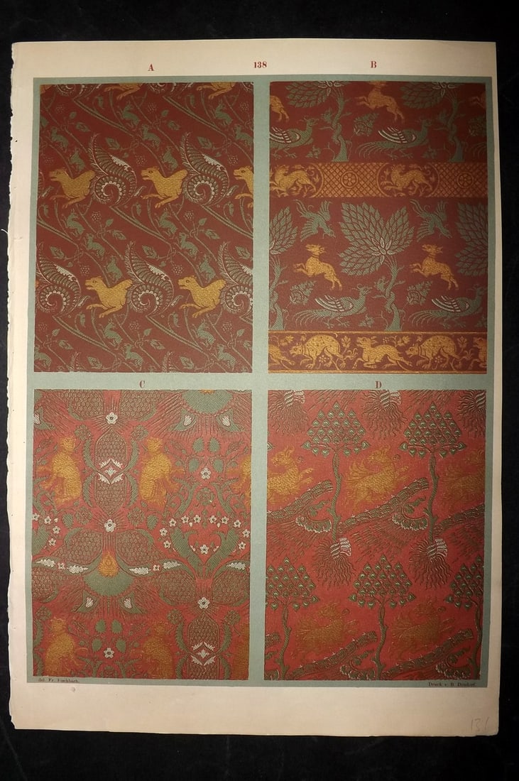 Fischbach, Frederick 1884 Folio Textile Print. Palermitan tissues of the 12th & 13th Cent. 138: Folio Chromolithograph Published 1882-84, London for "Ornament of Textile Fabrics" by Frederick Fischbach. Scarce. Paper Size: 17 x 12 inch (43 x 30cm) Good Condition