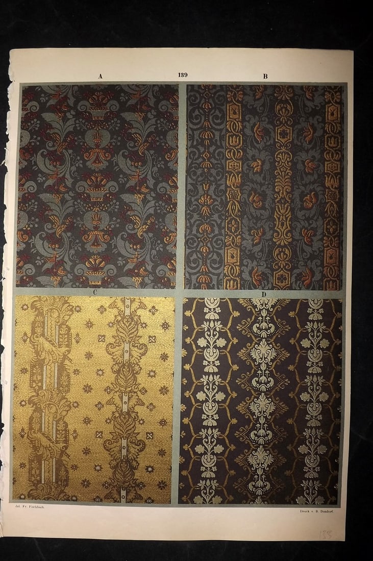 Fischbach, Frederick 1884 Folio Textile Print. Spanish Fabrics of the 16th and 17th Cent. 139: Folio Chromolithograph Published 1882-84, London for "Ornament of Textile Fabrics" by Frederick Fischbach. Scarce. Paper Size: 17 x 12 inch (43 x 30cm) Good Condition