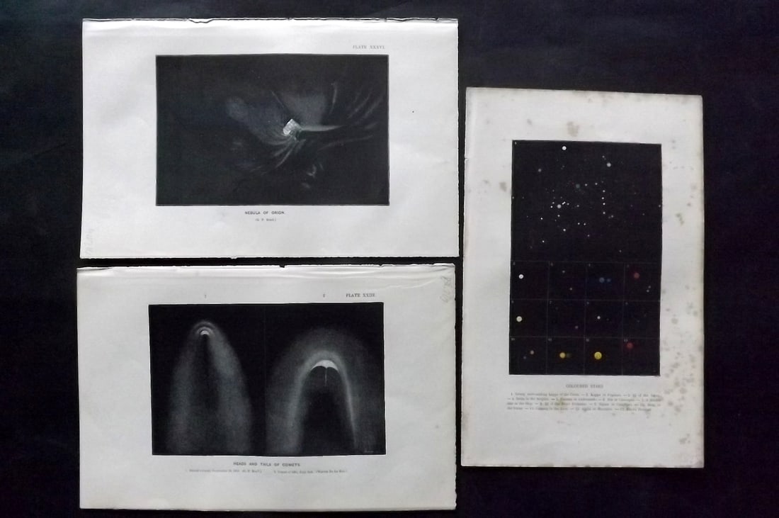 Guillemin, Amedee 1866 Lot of 3 Astronomy Celestial Prints: 1 Lithographs and 2 Wood Engravings (Reverse side blank) Published 1866, London for "The Heavens An Illustrated Handbook of Popular Astronomy" by Amedee Guillemin. Paper Size: 10.5 x 6.5 inch (27 x 17