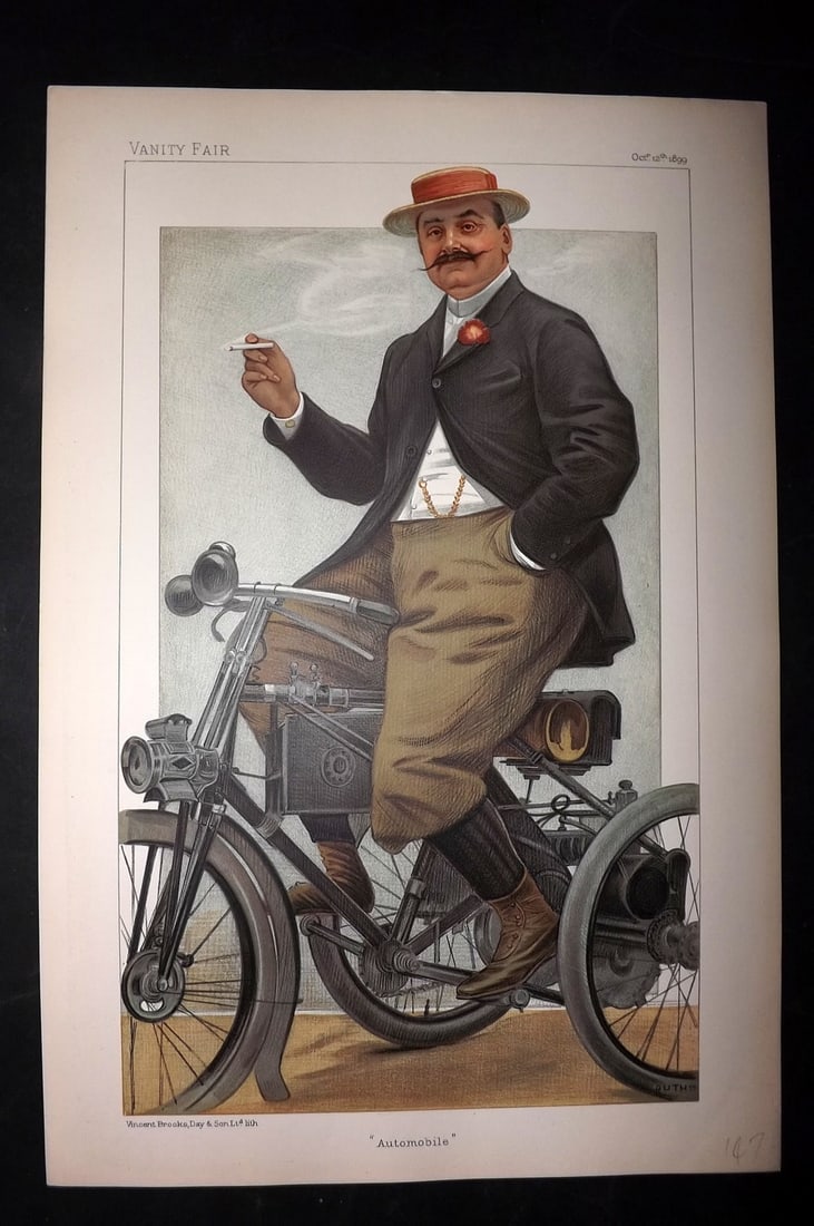 Vanity Fair Print 1899 Comte de Dion, Automobile: Chromolithograph Published 1869-1914, London for "Vanity Fair" Paper Size: 15 x 10 inch (38 x 25cm) Approx. Good Condition