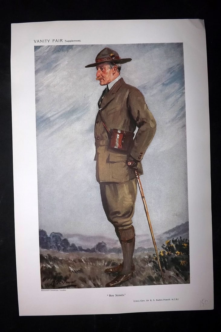 Vanity Fair Print 1911 Lord Baden Powell, Boy Scounts: Chromolithograph Published 1869-1914, London for "Vanity Fair" Paper Size: 15 x 10 inch (38 x 25cm) Approx. Good Condition