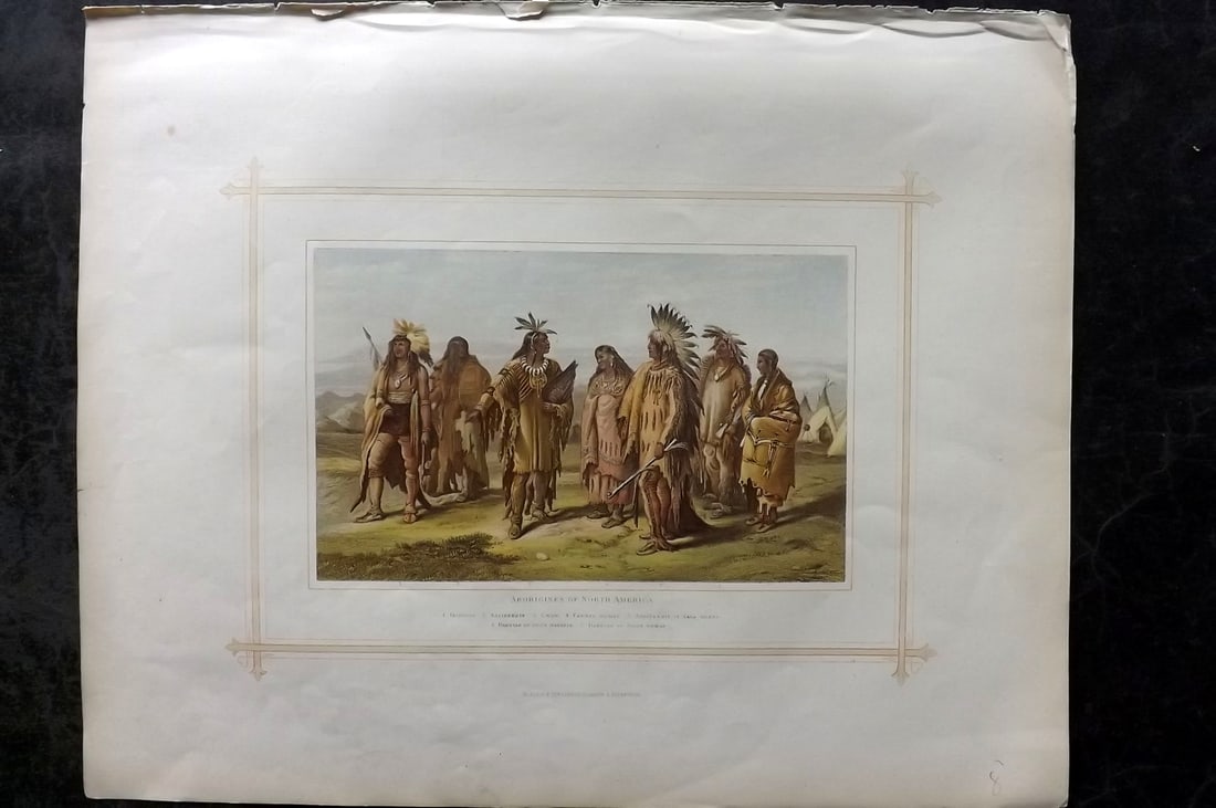 Blackie (Pub) 1882 Folio Print. North American Indians, USA: "Aborigines of North America" Showing tribes of Iriouis, Assineboin, Pawnee, Sioux Warrior and Woman. Color Printed Woodblock Published 1882 by Blackie & Son, London for "The Comprehensive Atlas & Geo