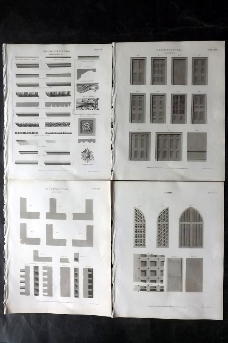 Rees, Abraham 1820 Lot of 4 Architectural Prints: Copper Plate Published 1802-20 by Longman, Hurst, Rees & Orme for "The Cycloaedia: or, Universal dictionary of arts, sciences, and literature" By Abraham Rees. Paper Size: 10.5 x 8.5 inch (27 x 22cm) 
