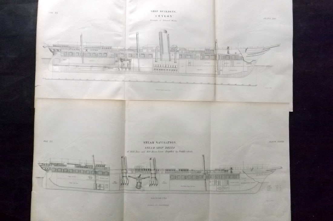 Encyclo. Brit 1850's Pair of LG Folio Ship Building Prints. Delta & Ceylon: Steel Engraving Published 1853-60 by A & C Black, Edinburgh & London for "Encyclopaedia Britannica" Eighth Edition. Paper Size: 22.5 x 11 inch (57 x 28cm)Good Condition