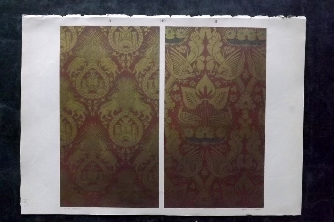 Fischbach, Frederick 1884 Folio Textile Print. Lucca Gold Tissues of the 14th Cent 140: Folio Chromolithograph Published 1882-84, London for "Ornament of Textile Fabrics" by Frederick Fischbach. Scarce. Paper Size: 17 x 12 inch (43 x 30cm) Good Condition