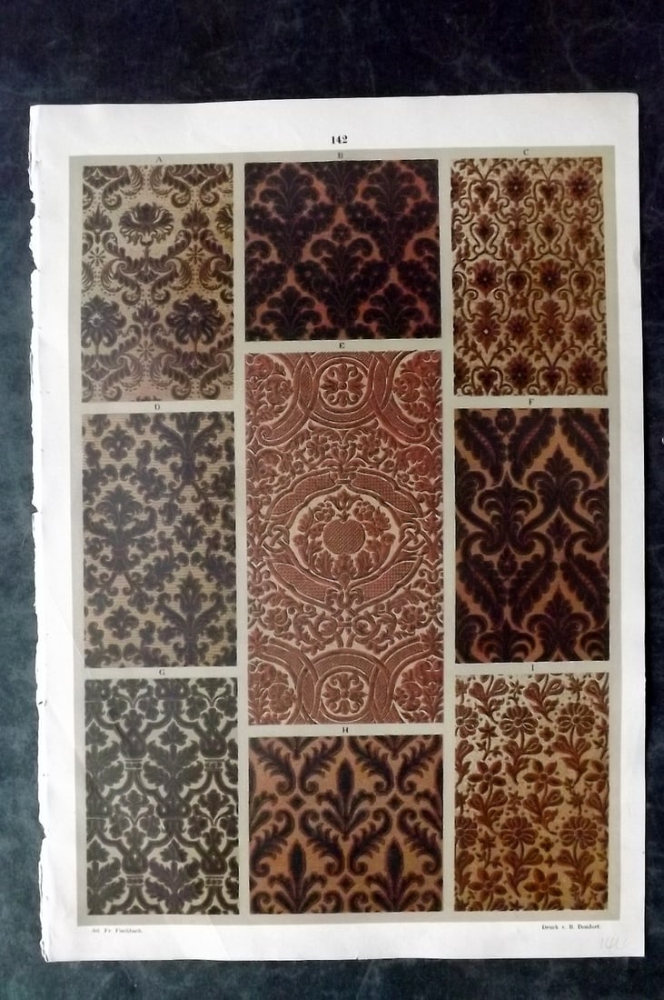 Fischbach, Frederick 1884 Folio Textile Print. Unknown Fabrics, probably Italian 142: Folio Chromolithograph Published 1882-84, London for "Ornament of Textile Fabrics" by Frederick Fischbach. Scarce. Paper Size: 17 x 12 inch (43 x 30cm) Good Condition