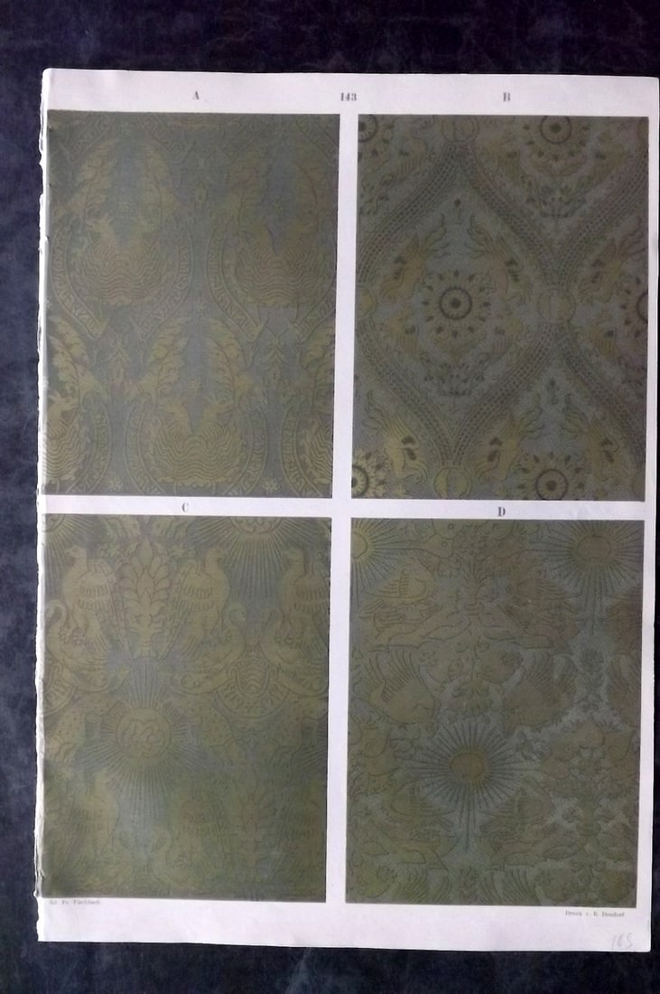 Fischbach, Frederick 1884 Folio Textile Print. North Italian Manufactures of the 14th Cent 143: Folio Chromolithograph Published 1882-84, London for "Ornament of Textile Fabrics" by Frederick Fischbach. Scarce. Paper Size: 17 x 12 inch (43 x 30cm) Good Condition