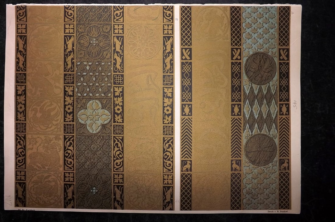 Fischbach, Frederick 1884 Folio Textile Print. Sicilo-Saracenic Tissues of the 12th Cent 145: Folio Chromolithograph Published 1882-84, London for "Ornament of Textile Fabrics" by Frederick Fischbach. Scarce. Paper Size: 17 x 12 inch (43 x 30cm) Good Condition