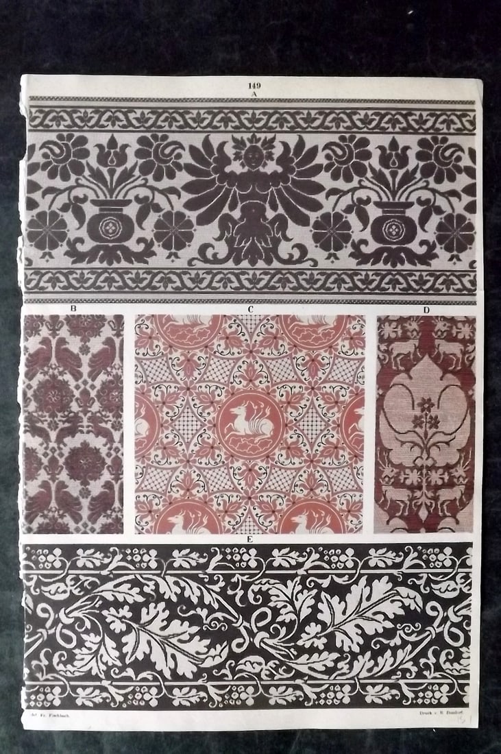 Fischbach, Frederick 1884 Folio Textile Print. North Italian, 16th Century 149: Folio Chromolithograph Published 1882-84, London for "Ornament of Textile Fabrics" by Frederick Fischbach. Scarce. Paper Size: 17 x 12 inch (43 x 30cm) Good Condition