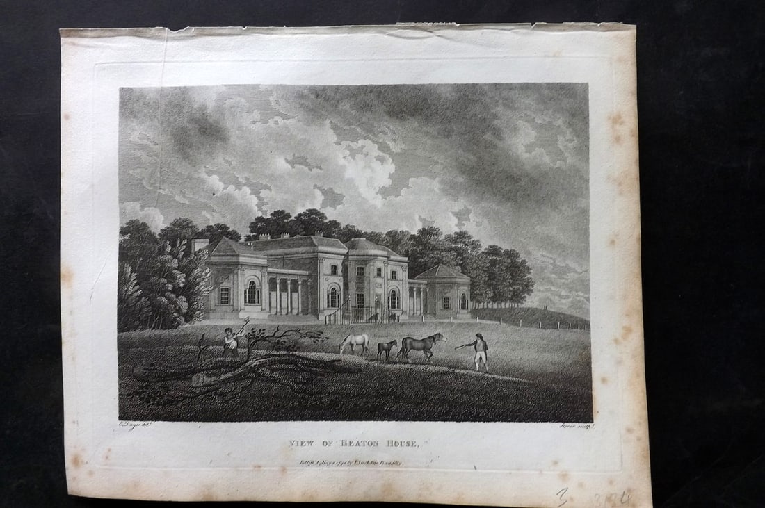 Aiken, John 1795 Antique Print. Heaton House: Copper Plate Published 1795, London for "A Description of the Country from Thirty to Forty Miles Round Manchester" by John Aiken. Paper Size: 11.5 x 9 inch (29 x 23cm) Very minor margin toning. Good C