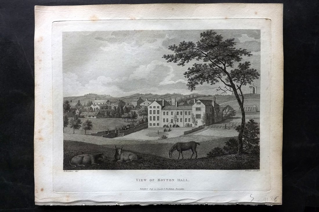 Aiken, John 1795 Antique Print. Royton Hall: Copper Plate Published 1795, London for "A Description of the Country from Thirty to Forty Miles Round Manchester" by John Aiken. Paper Size: 11.5 x 9 inch (29 x 23cm) Good Condition