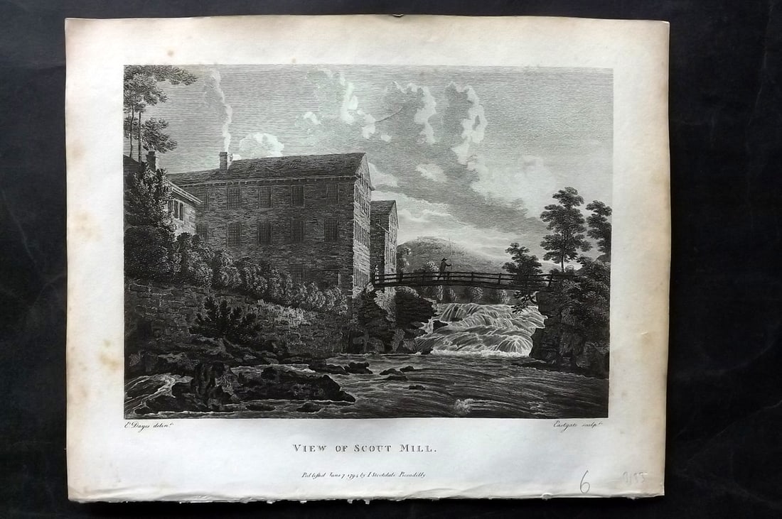 Aiken, John 1795 Antique Print. Scout Mill: Copper Plate Published 1795, London for "A Description of the Country from Thirty to Forty Miles Round Manchester" by John Aiken. Paper Size: 11.5 x 9 inch (29 x 23cm) Very minor toning. Good Conditio
