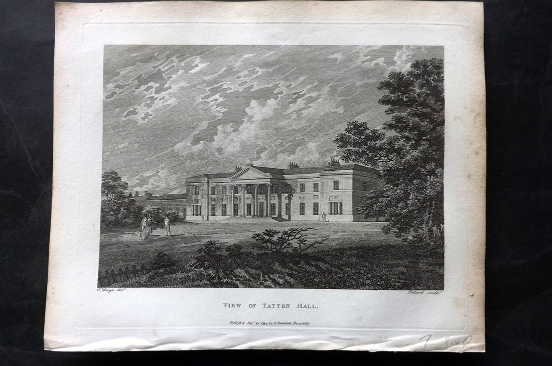 Aiken, John 1795 Antique Print. Tatton Hall, UK: Copper Plate Published 1795, London for "A Description of the Country from Thirty to Forty Miles Round Manchester" by John Aiken. Paper Size: 11.5 x 9 inch (29 x 23cm) Good Condition