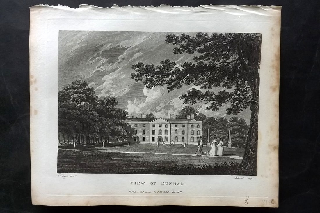 Aiken, John 1795 Antique Print. View of Dunham: Copper Plate Published 1795, London for "A Description of the Country from Thirty to Forty Miles Round Manchester" by John Aiken. Paper Size: 11.5 x 9 inch (29 x 23cm) Very minor margin toning. Good C