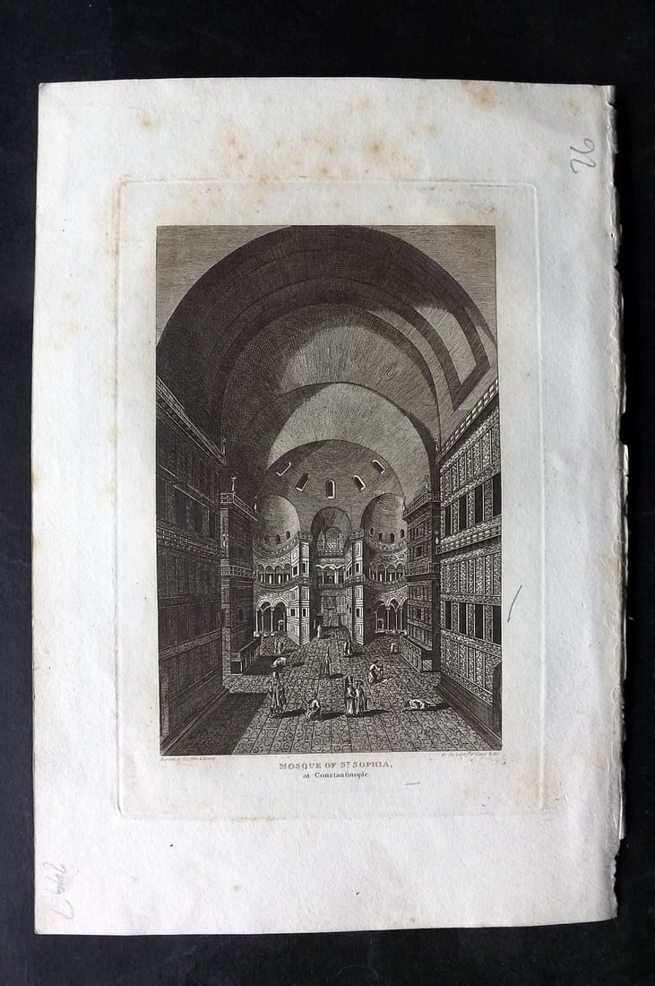 Polehampton, Edward 1823 Print. Mosque of St. Sophia, Constantinople Turkey: Copper Plate Published 1823, London for "The Gallery of Nature and Art: or, A Tour Through Creation and Science" by the Rev. Edward Polehampton & John M. Good. Paper Size: 10 x 7 inch (26 x 18cm) Very