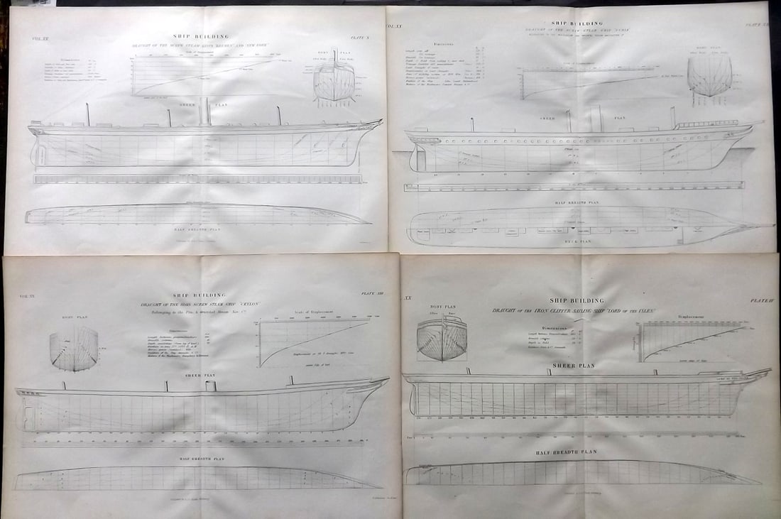 Encyclo. Brit 1850's Lot of 4 Folio Ship Building Prints: Steel Engraving Published 1853-60 by A & C Black, Edinburgh & London for "Encyclopaedia Britannica" Eighth Edition. Paper Size: 16 x 11 inch (40 x 28cm)Good Condition