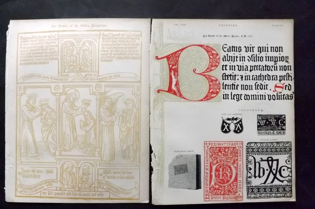 Encyclo. Brit 1850's Pair of Prints. Printing. Illuminated Leaves (1 of 2)