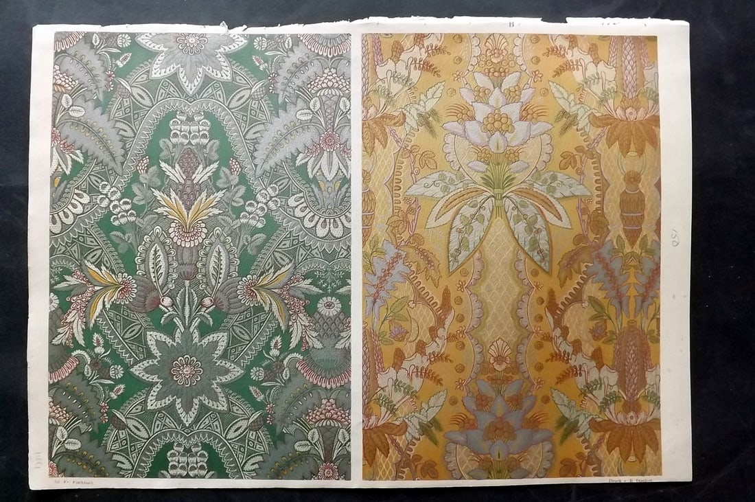 Fischbach, Frederick 1884 Folio Textile Print. Lyons Gold and Silk Stuffs of the 17th Cent: Folio Chromolithograph Published 1882-84, London for "Ornament of Textile Fabrics" by Frederick Fischbach. Scarce. Paper Size: 17 x 12 inch (43 x 30cm) Good Condition