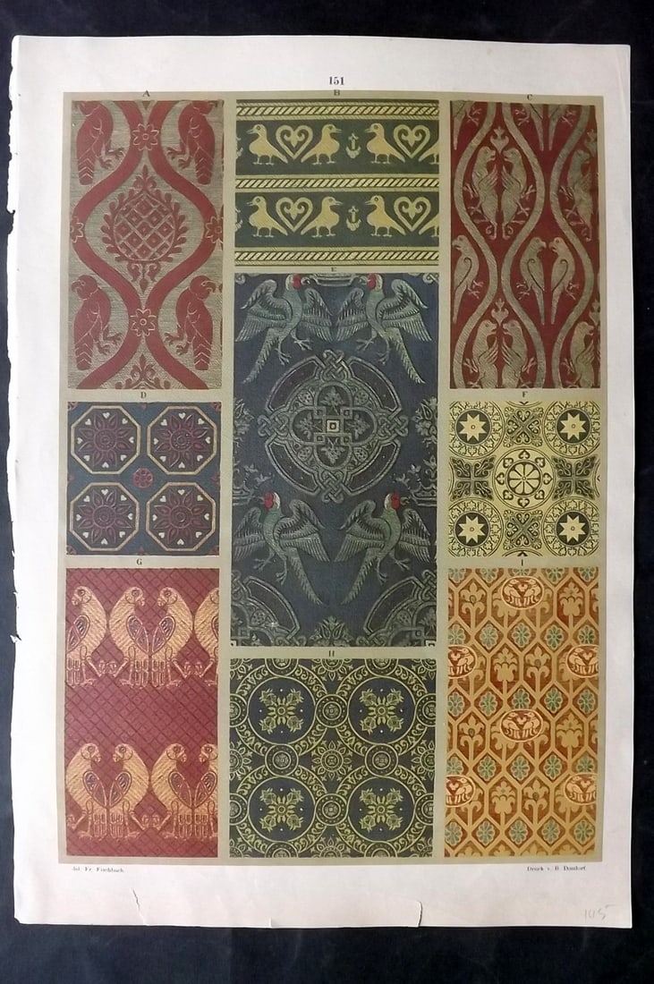 Fischbach, Frederick 1884 Folio Textile Print. Possible German Industry 12th-14th Cent 151: Folio Chromolithograph Published 1882-84, London for "Ornament of Textile Fabrics" by Frederick Fischbach. Scarce. Paper Size: 17 x 12 inch (43 x 30cm) Good Condition