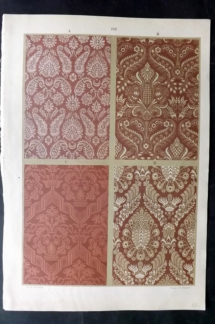 Fischbach, Frederick 1884 Folio Textile Print. Zurich tissues of the 16th & 17th Cent 152: Folio Chromolithograph Published 1882-84, London for "Ornament of Textile Fabrics" by Frederick Fischbach. Scarce. Paper Size: 17 x 12 inch (43 x 30cm) Good Condition