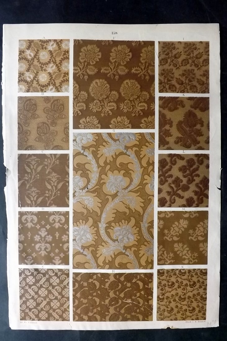 Fischbach, Frederick 1884 Folio Textile Print. North Italian Fabrics of the 16th-18th Cent 158: Folio Chromolithograph Published 1882-84, London for "Ornament of Textile Fabrics" by Frederick Fischbach. Scarce. Paper Size: 17 x 12 inch (43 x 30cm) Closed tear at bottom. Tear left side. Good Cond