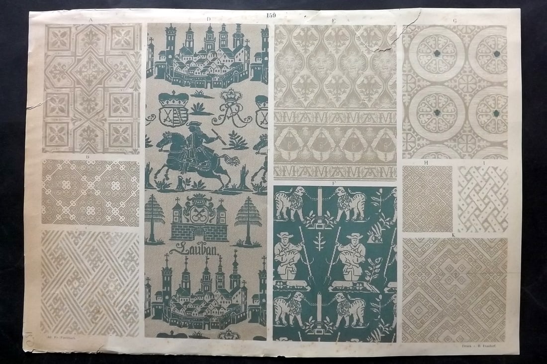 Fischbach, Frederick 1884 Folio Textile Print. Patterns of German Linen 15th Century 159: Folio Chromolithograph Published 1882-84, London for "Ornament of Textile Fabrics" by Frederick Fischbach. Scarce. Paper Size: 17 x 12 inch (43 x 30cm) Small margin tear present. Good Condition