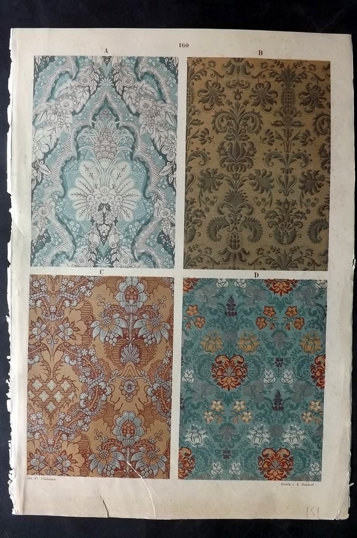 Fischbach, Frederick 1884 Folio Textile Print. Lyons Fabrics of the 17th & 18th Century 160: Folio Chromolithograph Published 1882-84, London for "Ornament of Textile Fabrics" by Frederick Fischbach. Scarce. Paper Size: 17 x 12 inch (43 x 30cm) Good Condition