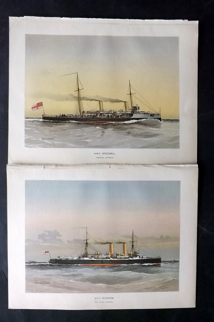 H.M. Navy 1893 Pair of Antique Ship Prints: Chromolithographs Published 1889-1893 by J.S.Virtue & Co., London for "Her Majesty's Navy" By Lt. Charles Rathbone Low. Illustrated by W. Christian Symons and W. Fred Mitchell. Paper Size: 10.5 x 8 in