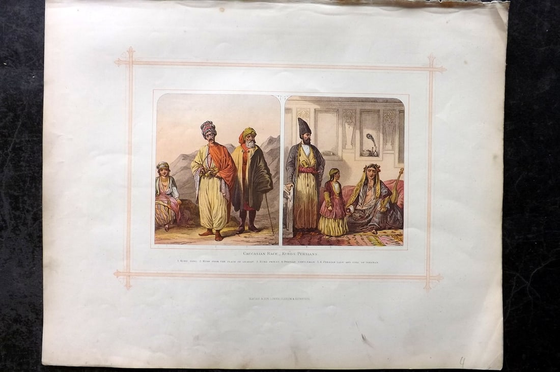 Blackie (Pub) 1882 Folio Print. Caucasian Race - Kurds, Persians: Color Printed Woodblock Published 1882 by Blackie & Son, London for "The Comprehensive Atlas & Geography of the World" by W. G. Blackie. Paper Size: 15 x 12 inch (38 x 30cm) Good condition