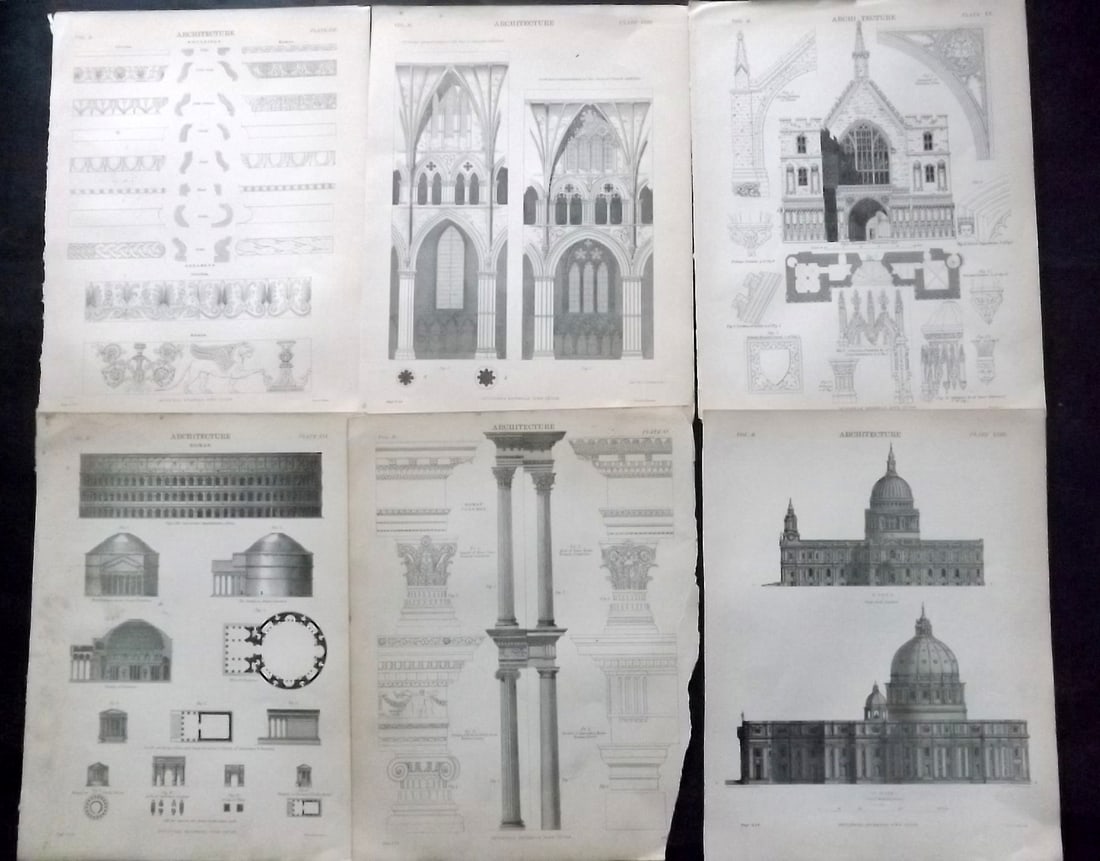 Encyclo. Brit C1880 Lot of 6 Architectural Prints: Lithograph Published 1875-98, Edinburgh & London for "Encyclopaedia Britannica" Ninth Edition. Paper Size: 10.5 x 8 inch (27 x 21cm) Good Condition
