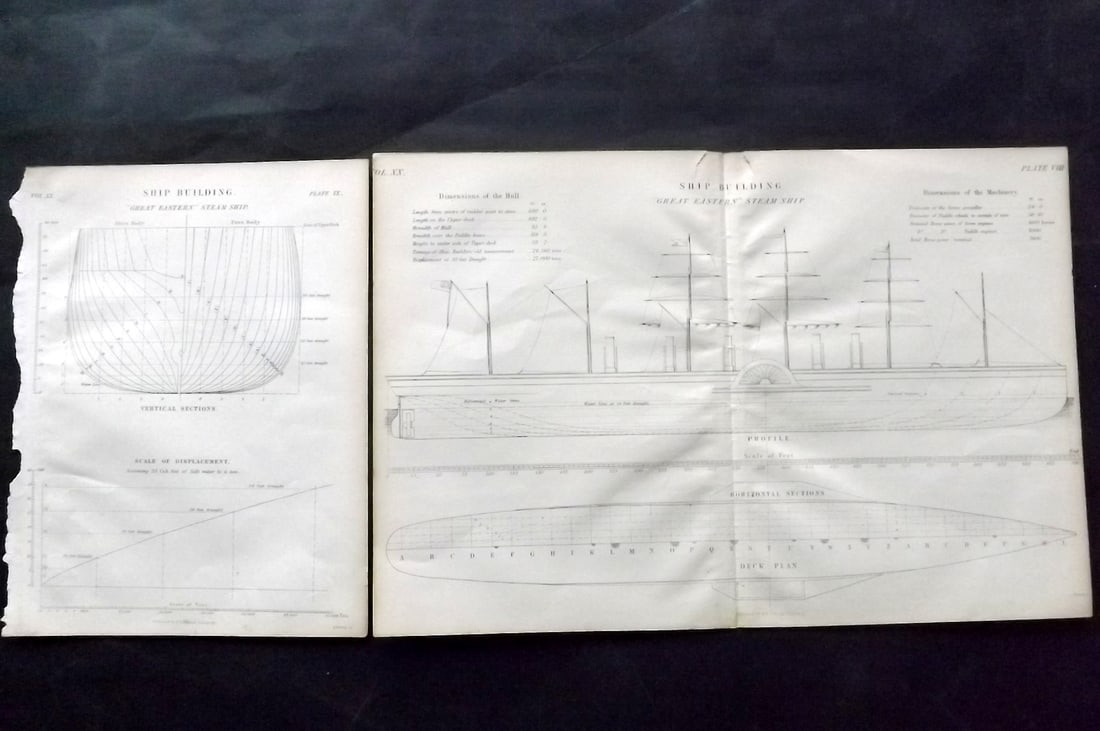 Encyclo. Brit 1850's Pair of Ship Building Prints. SS Great Eastern: Steel Engraving Published 1853-60 by A & C Black, Edinburgh & London for "Encyclopaedia Britannica" Eighth Edition. Paper Size: 10.5 x 8 inch (27 x 21cm) and 16 x 11 inch (40 x 28cm)The smaller plate 