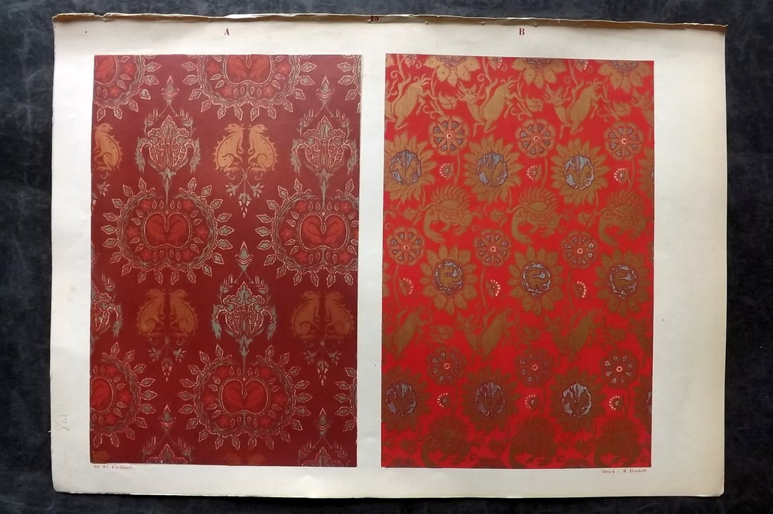 Fischbach, Frederick 1884 Folio Textile Print. Saracenic Fabrics of the 13th Century 15: Folio Chromolithograph Published 1882-84, London for "Ornament of Textile Fabrics" by Frederick Fischbach. Scarce. Paper Size: 17 x 12 inch (43 x 30cm) Good Condition