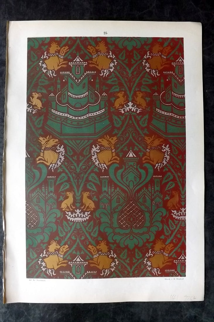 Fischbach, Frederick 1884 Folio Textile Print. Palermitan Tissue of the 13th Century 25: Folio Chromolithograph Published 1882-84, London for "Ornament of Textile Fabrics" by Frederick Fischbach. Scarce. Paper Size: 17 x 12 inch (43 x 30cm) Good Condition