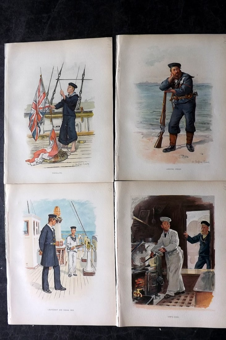 H.M. Navy 1893 Lot of 4 Antique Sailor Prints. Naval Maritime: Chromolithographs Published 1889-1893 by J.S.Virtue & Co., London for "Her Majesty's Navy" By Lt. Charles Rathbone Low. Illustrated by W. Christian Symons and W. Fred Mitchell. Paper Size: 10.5 x 8 in