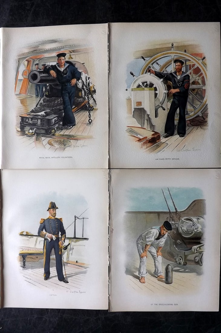 H.M. Navy 1893 Lot of 4 Antique Sailor Prints. Naval Maritime: Chromolithographs Published 1889-1893 by J.S.Virtue & Co., London for "Her Majesty's Navy" By Lt. Charles Rathbone Low. Illustrated by W. Christian Symons and W. Fred Mitchell. Paper Size: 10.5 x 8 in