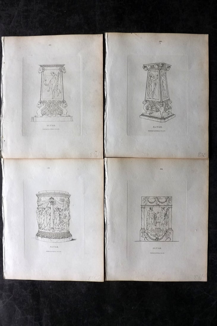 Moses, Henry 1814 Lot of 4 Prints. Altar: Etching Published Published 1814, London for "A Collection of Antique Vases..." First Edition by Henry Moses. Paper Size: 8 x 7 inch (21 x 18cm) Good Condition