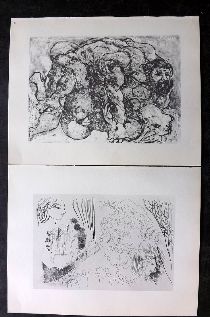 Picasso & Vollard 1956 Pair of Vintage Prints: Photogravures Published 1956, London for "Picasso's Vollard Suite" First English Edition of 100 Etchings created by Picasso between 1930-37. Printed on Good Quality Paper in Germany. Paper Size: 11 x 