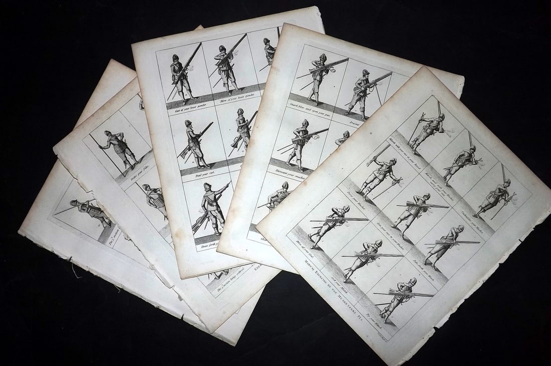 Grose, Francis 1801 Lot of 11 Musketeer & Pikemen Prints. Military: Copper Plate Published 1801, London for "Military Antiquities Respecting a History of the English Army from the Conquest to the Present Time" by Francis Grose. Paper Size: 10.5 x 8 inch (27 x 21cm) Go