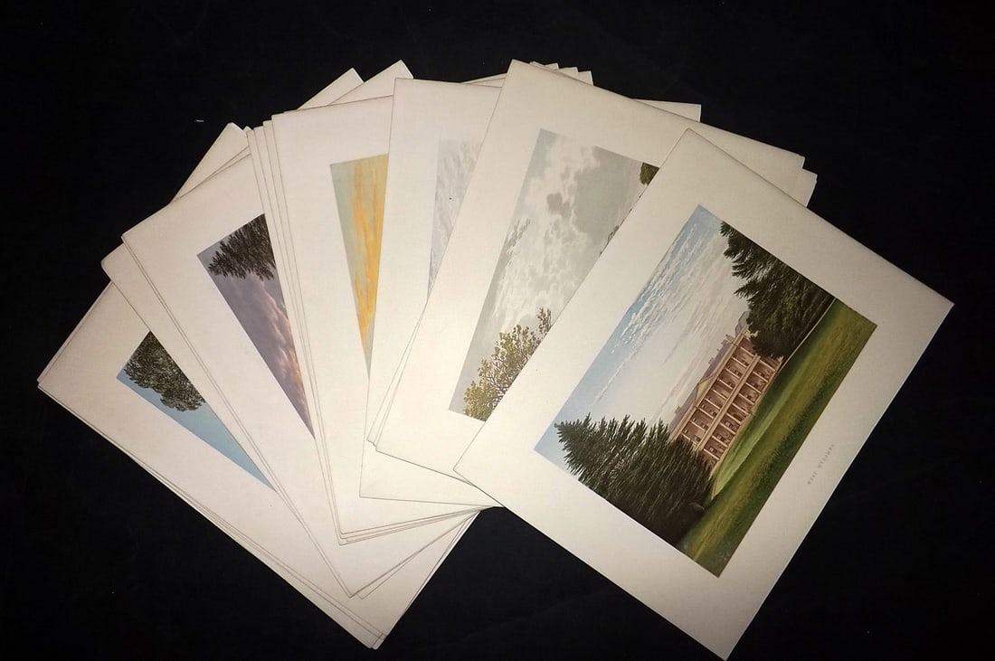 Morris Seats C1870 Lot of 18 British Color Woodblock Views: Color Printed Woodblock Published 1866-1880 by William Mckenzie, London for "Picturesque Views of Seats of Noblemen and Gentlemen of Great Britain and Ireland" by the Rev. F. O. Morris. Printed by Ben