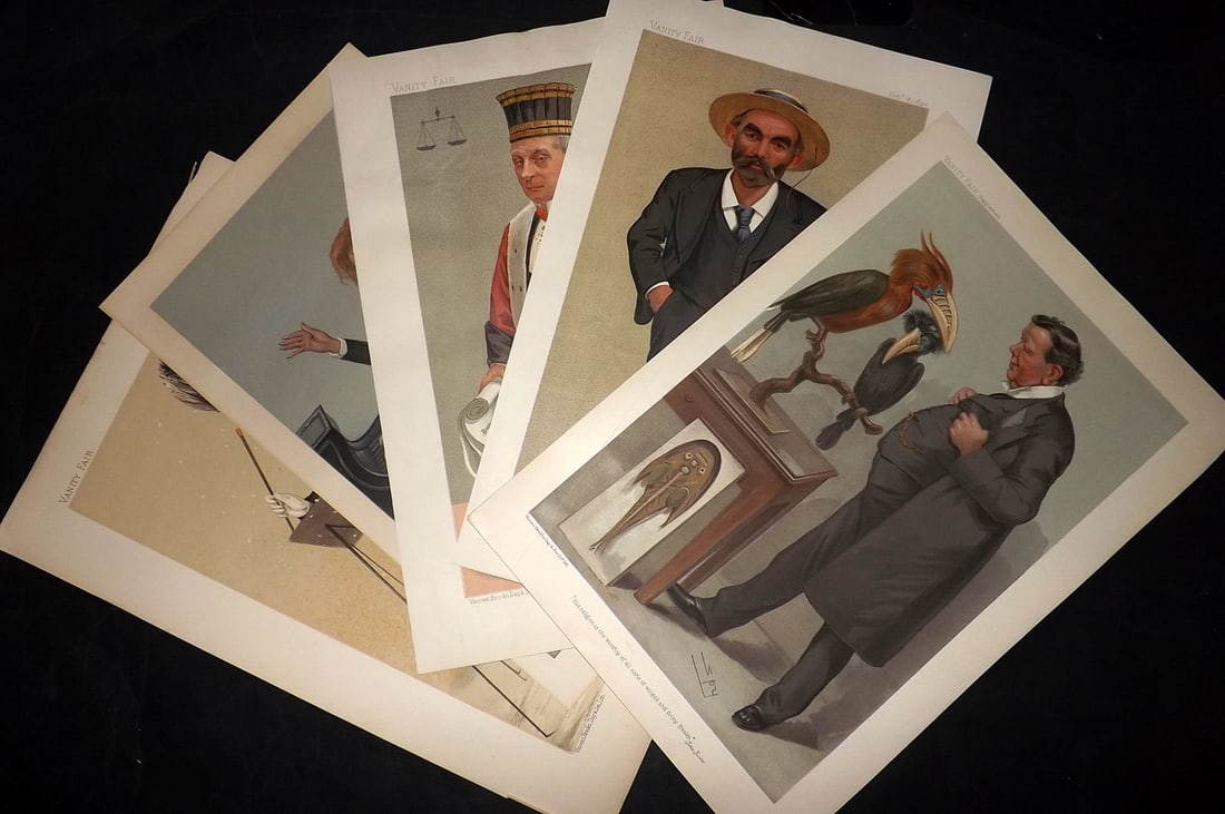 Vanity Fair Prints 19th Cent Mixed Lot of 5 Spy etc Cartoons: Chromolithographs Published 1869-1914, London for "Vanity Fair" Paper Size: 15 x 10 inch (38 x 25cm) Approx. Good Condition