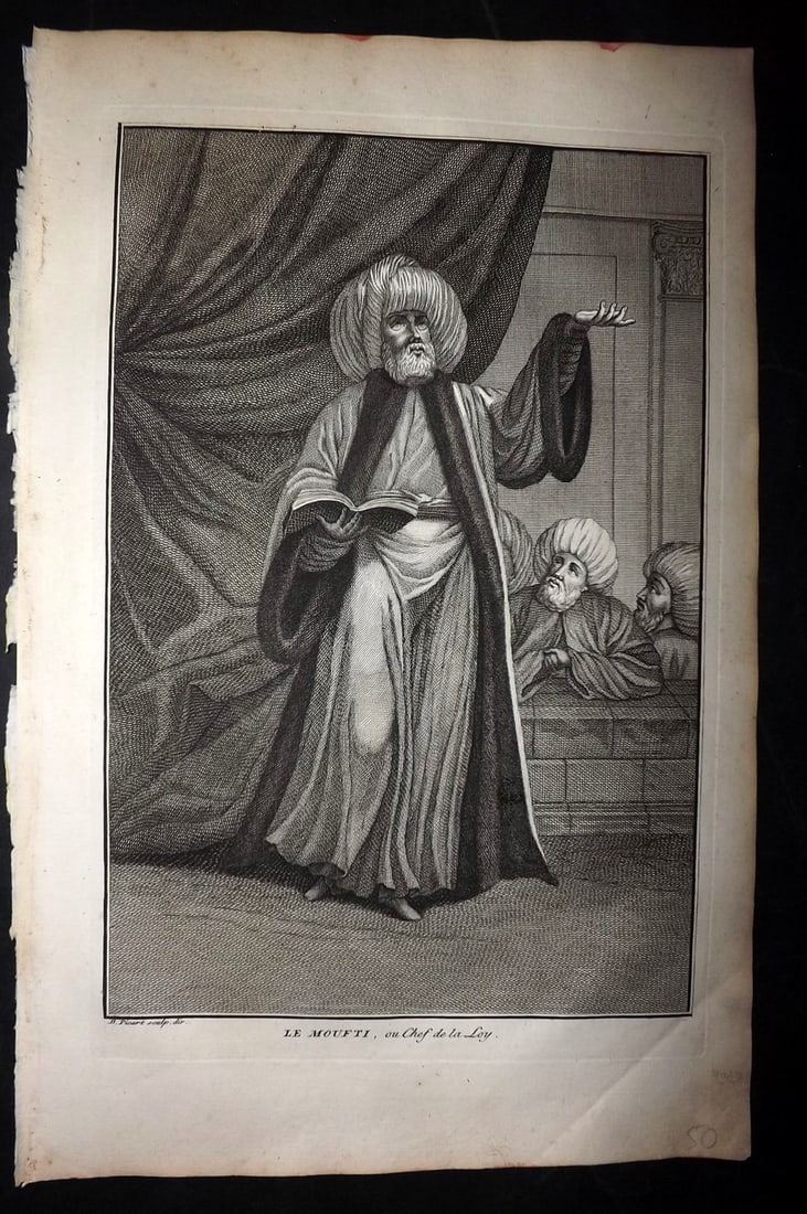 Picart, Bernard 1741 Folio Print. Turkey - Grand Mufti: Folio Copper Plate Published Published 1741, Paris for "Histoire generale des ceremonies, moeurs, et coutumes religieuses de tous les Peuples du Monde" by Bernard Picart. Paper Size: 15.5 x 10 inch (3