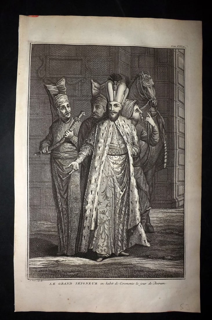 Picart, Bernard 1741 Folio Print. Turkey - Grand Seigneur: Folio Copper Plate Published Published 1741, Paris for "Histoire generale des ceremonies, moeurs, et coutumes religieuses de tous les Peuples du Monde" by Bernard Picart. Paper Size: 15.5 x 10 inch (3