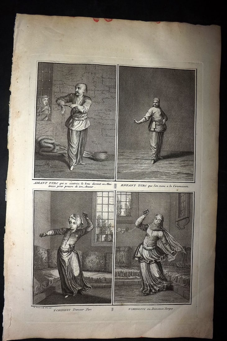 Picart, Bernard 1741 Folio Print. Turkey - Costume of Dancers & Infants: Folio Copper Plate Published Published 1741, Paris for "Histoire generale des ceremonies, moeurs, et coutumes religieuses de tous les Peuples du Monde" by Bernard Picart. Paper Size: 15.5 x 10 inch (3