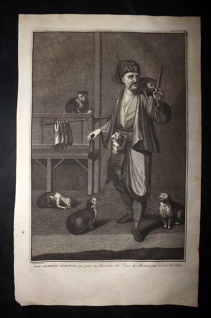 Picart, Bernard 1741 Folio Print. Albania - Costume with Cats: Folio Copper Plate Published Published 1741, Paris for "Histoire generale des ceremonies, moeurs, et coutumes religieuses de tous les Peuples du Monde" by Bernard Picart. Paper Size: 15.5 x 10 inch (3